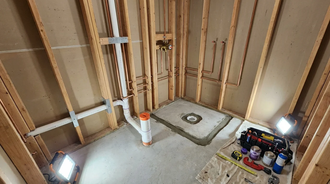 Bathroom rough-in plumbing during remodel by Johns Plumbing LLC in Weatherford