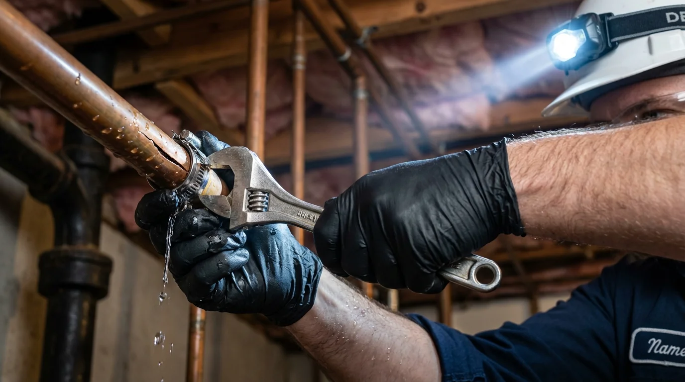 Emergency pipe clamp repair being performed by a Johns Plumbing LLC plumber in Weatherford