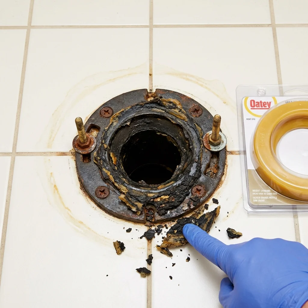 Failed wax ring showing water seepage at the base of a toilet in a Weatherford, OK home