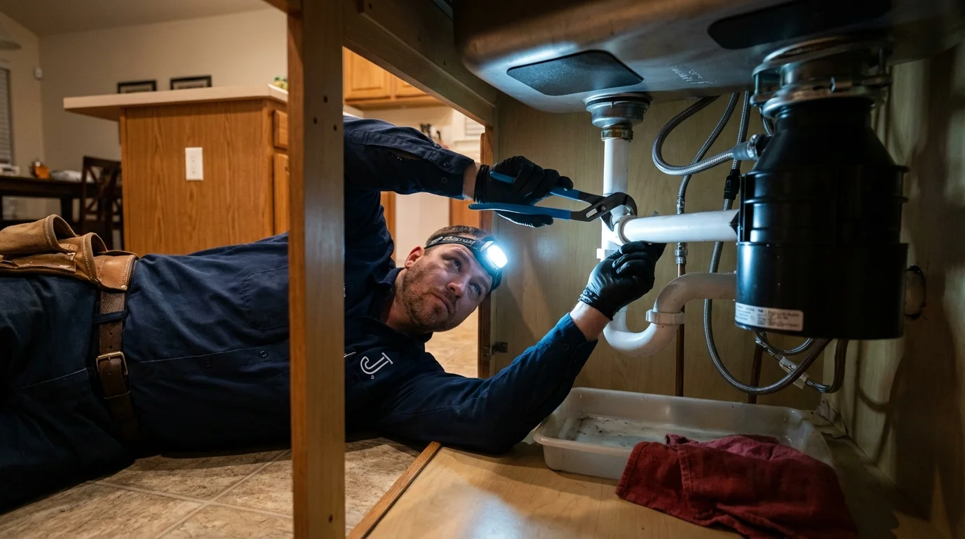 P-trap and supply line connections under a kitchen sink showing a common leak point in Weatherford, OK